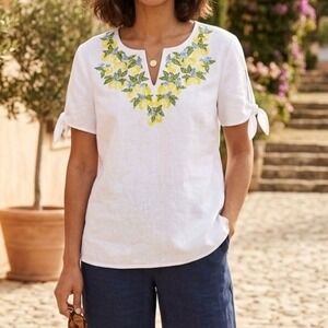 Talbots Womens White Linen Blend Lemon Embroidered Tie Sleeve Blouse Large